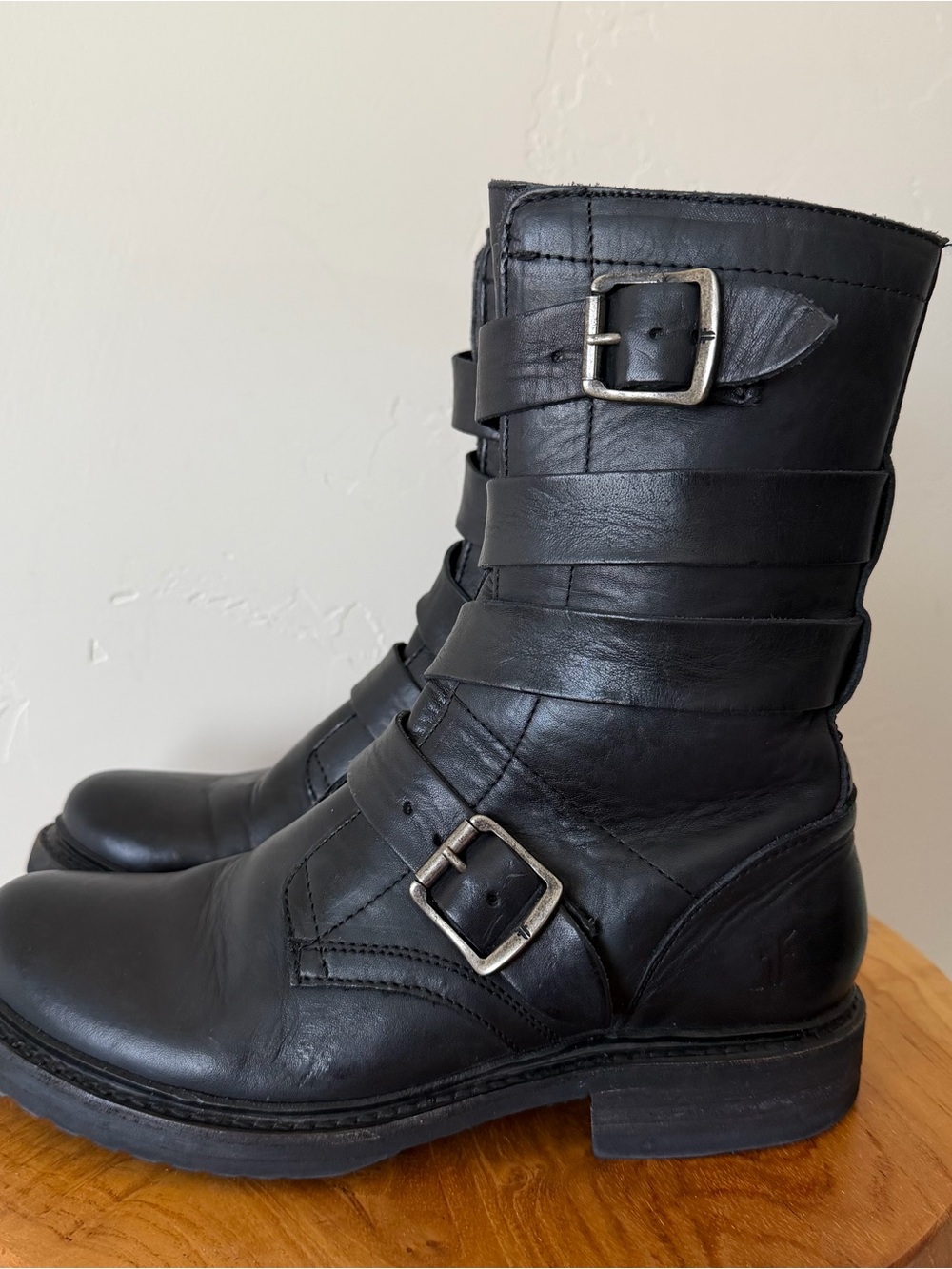 FRYE Veronica Women Ankle Boots 7.5 B Black Leather Tanker Moto Buckle Biker